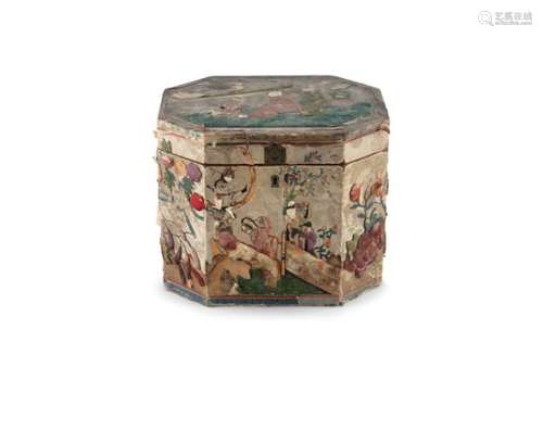 A 19TH CENTURY CHINESE EXPORT TEA CANISTER, the external case of hexagonal form and of large