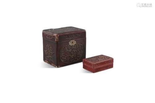 A CHINESE CINNABAR LACQUER TEA CADDY, 19th century, of rectangular form fitted with liner, 16cm