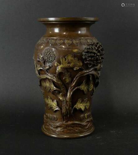 A Japanese Bronze Mixed Metal 'Chrysanthemum' Vase