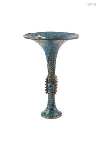 A CHINESE CLOISONNE ENAMEL 'GU' VASE, 17th/18th Century, cast from archaic design, with flared