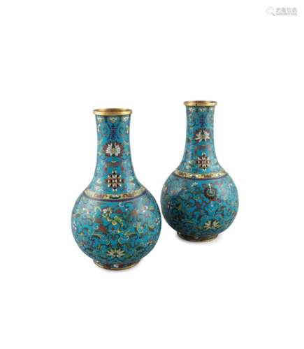 A PAIR OF CHINESE CLOISONNÉ ENAMEL BOTTLE VASES, 19th century cast with globular body and tall