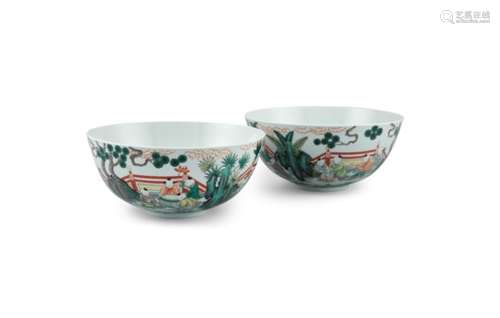 A PAIR OF CHINESE FAMILLE VERTE 'BOYS' BOWLS, Jiaqing mark, but Republican Period, each of