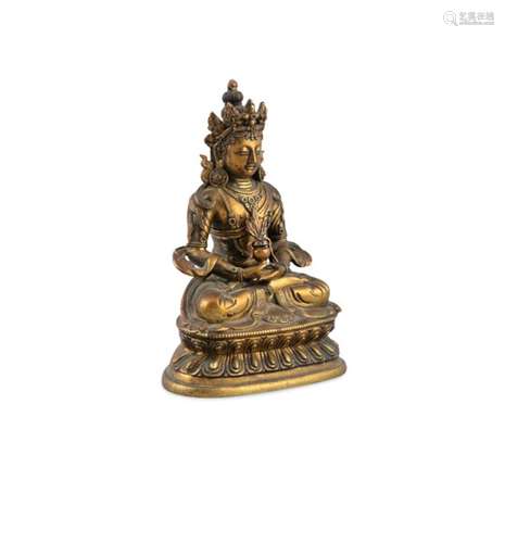 A CHINESE GILT BRONZE BUDDHA AMITAYUS, Qing Dynasty (1644 - 1912), seated in meditative pose, with