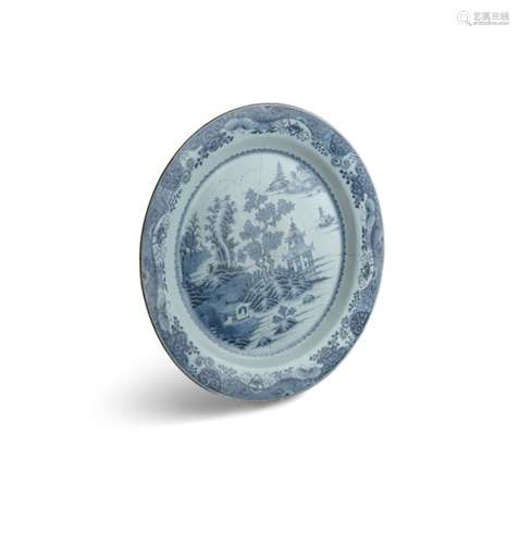 A VERY LARGE CHINESE EXPORT BLUE AND WHITE CHARGER, 18th century, of shallow circular form,