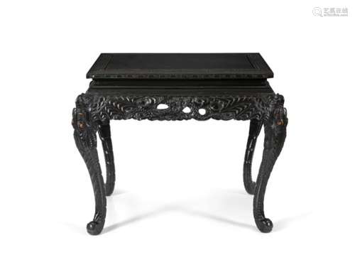 A CHINESE EBONISED CENTRE TABLE, 19th Century, of rectangular form, the solid panel top enclosed