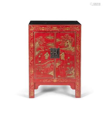 A CHINESE RED LACQUER AND GILT DECORATED CABINET, mid-20th century, of rectangular form, with twin