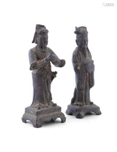 A NEAR PAIR OF CHINESE BRONZE FIGURES OF IMMORTALS, Ming Dynasty (1368 - 1644), depicting Cao