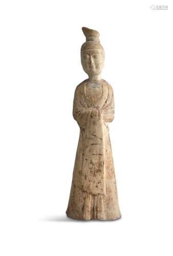 A BUFF POTTERY FIGURE OF A COURT LADY, possibly Tang, with feathered headdress, simple robe, hands