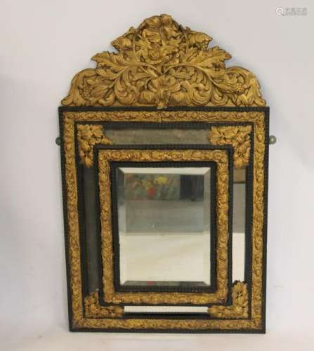 Antique Ebonised Mirror With Gilt Tin Crown And