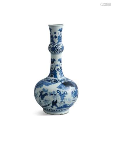 A CHINESE BLUE AND WHITE GARLIC BULB VASE, 19th century, painted with boys and figures in a