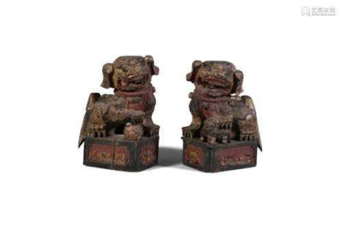 A PAIR OF LARGE CHINESE CARVED LACQUERED AND GILT DECORATED TEMPLE LIONS DOGS, 19th century,