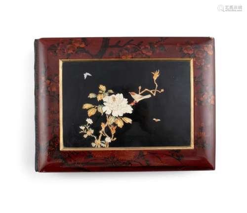 A JAPANESE RED LACQUER AND SHIBIYAMA DECORATED PHOTOGRAPH ALBUM, c.1900, the exterior decorated with