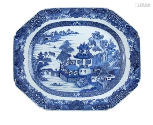 A COLLECTION OF THREE LARGE CHINESE BLUE AND WHITE OBLONG MEAT DISHES, c.1800, each painted and