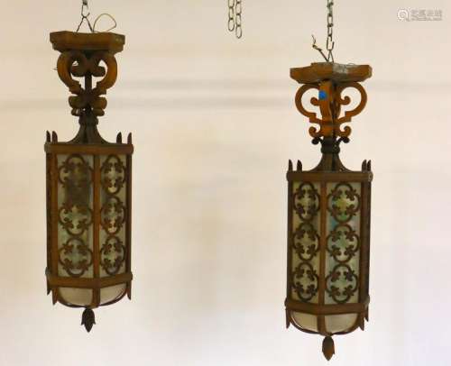 Pair Of Large Art Deco Iron And Glass Lanterns