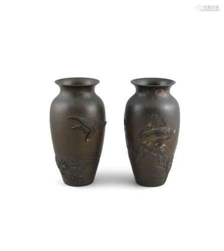 A LARGE PAIR OF JAPANESE BRONZE VASES, Meiji Period (1868 - 1912), of ovoid shape with everted