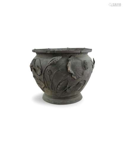 A JAPANESE BRONZE JARDINERE, Meiji (1868 - 1912) of compressed globular form cast in relief with