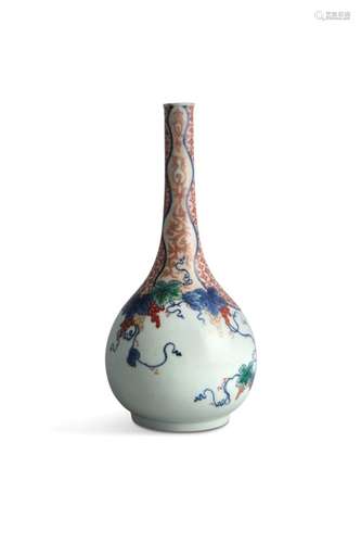 A JAPANESE PEAR SHAPED BOTTLE VASE, c.1900, decorated with fruiting vines against a cash diaper