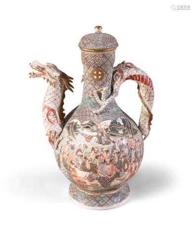 A JAPANESE SATSUMA EARTHENWARE EWER AND COVER, of baluster shape, moulded with a dragon head spout