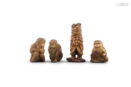 A COLLECTION OF JAPANESE CARVED BONE ANIMALS, 19th century, comprising three monkeys holding fruit