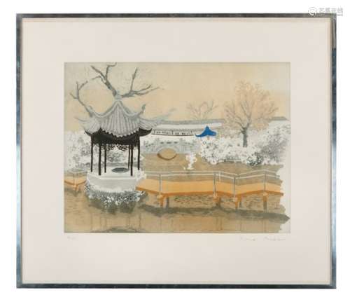 PATRICK PROCKTOR RA (1936 - 2003)Lion rocks garden, 'Soochow, 1980'Hand coloured aquatint, 60 x