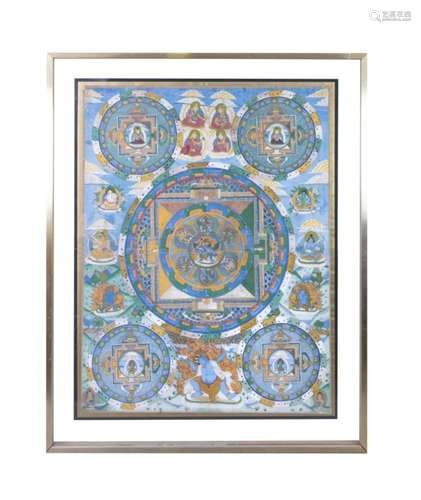 A NEPALESE PAINTED MANDALA, 19/20th century, centred with a Buddhist divinity and six directional