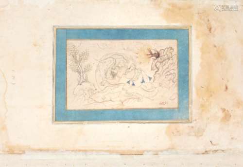 PERSIAN MINIATURE SCHOOL (17TH CENTURY) Figure wrestling a dragonInk and watercolour, 9 x 15cm