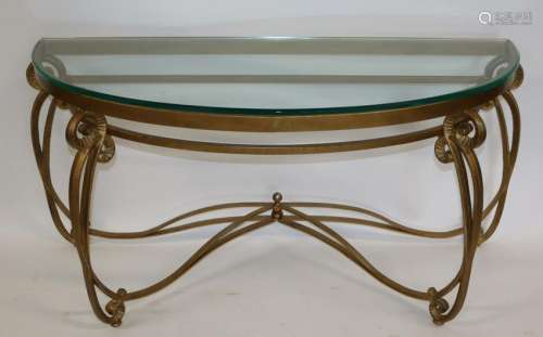 Vintage Gilt Metal Demilune Glass Top Console