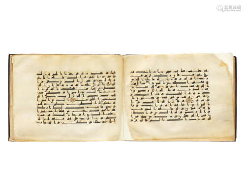 A bound group of ten leaves from six separate suras of a dispersed manuscript of the Qur'an, written in kufic script on vellum Near East or North Africa, 9th Century