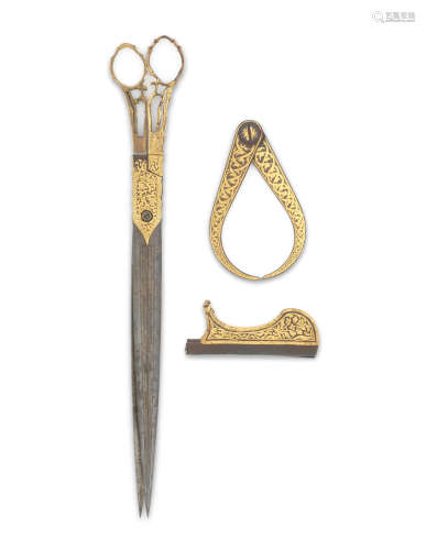 (3) A pair of Ottoman gold-damascened steel Calligrapher's scissors and two other tools Turkey, 18th/ 19th Century