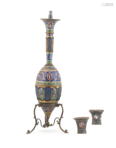 (3) A Qajar enamelled brass ghalian Persia, 19th Century