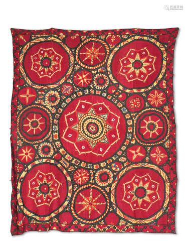 A Tashkent silk embroidered linen Yulduz Palyak panel (susani) Central Asia, 19th Century