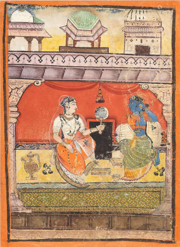 An illustration from a ragamala series: Vilavali ragini: a lady seated within a palace pavilion, adorning herself with jewellery Provincial Mughal, circa 1610