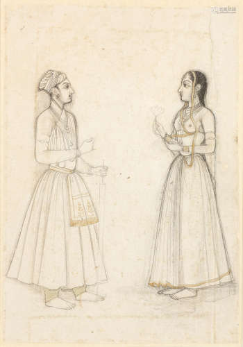 A prince and a maiden, standing facing each other Mughal, circa 1700