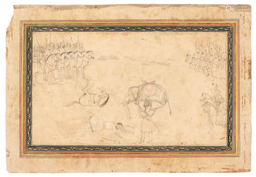 A warrior undergoing a trial of strength after single combat, while two armies look on Provincial Mughal, 18th Century