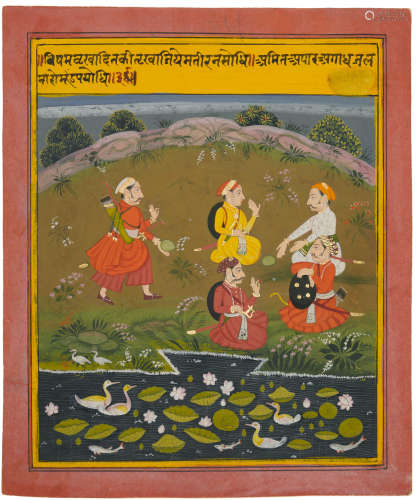 An illustration to a Bihari Sat Sai series: five noblemen seated in discussion Mewar, circa 1719