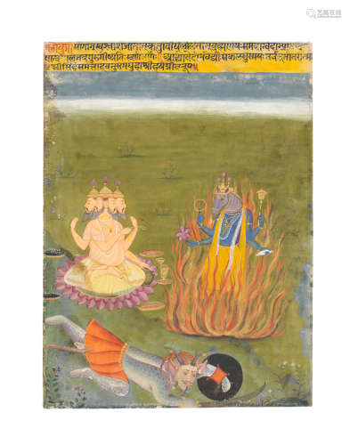 Hayagriva and Brahma defeating the demon: from a Vishnu Avatar series Bikaner, circa 1650