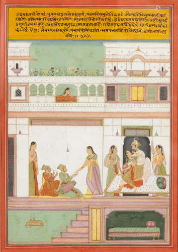 Pancham ragini: a prince with maidens and musicians on a palace terrace Amber, 18th Century