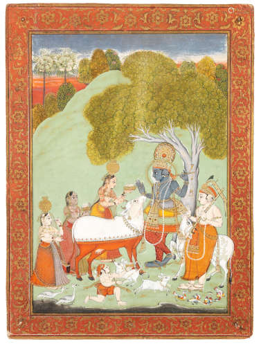 Krishna with three milkmaids under a tree, accompanied by Balarama Kotah, circa 1760