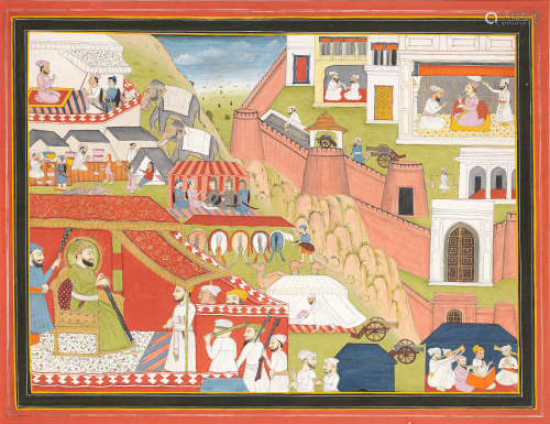 An extensive scene with a ruler receiving courtiers in an encampment outside a fortified city, probably Sultan 'Ala Al-Din Khilji, besieging Ranthambore, ruled by Raja Hamir Hath Jaipur, first half of the 19th Century