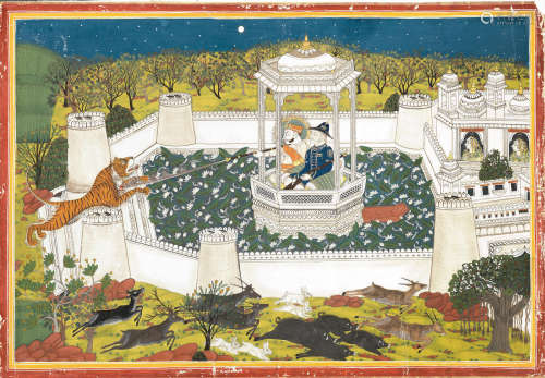 Maharao Ram Singh (reg. 1827-66) shooting a tiger from a pavilion, accompanied by the British political agent Kotah, circa 1845-50