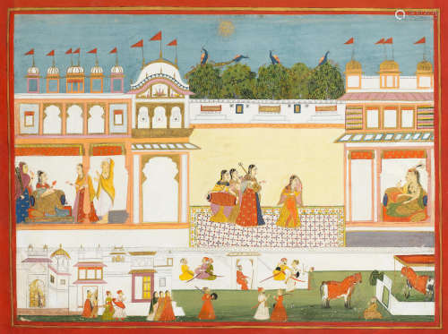 Noblemen, courtiers and musicians within the grounds of a palace, perhaps from a Bhagavata Purana series Central India, mid-18th Century