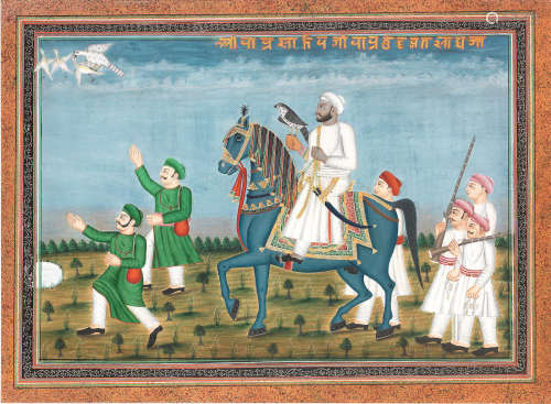 A ruler out hawking on horseback, with beaters and other attendants on foot Central India, second half of the 19th Century
