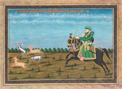 A ruler on horseback hunting deer with bow and arrow Central India, second half of the 19th Century