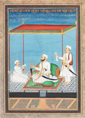 A ruler with a secretary and an attendant beneath a canopy on a palace terrace Central India, second half of the 19th Century