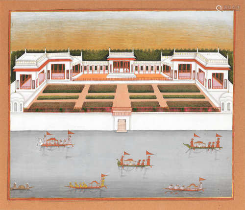 Pleasure-boats on a river before a palace Murshidabad, circa 1760
