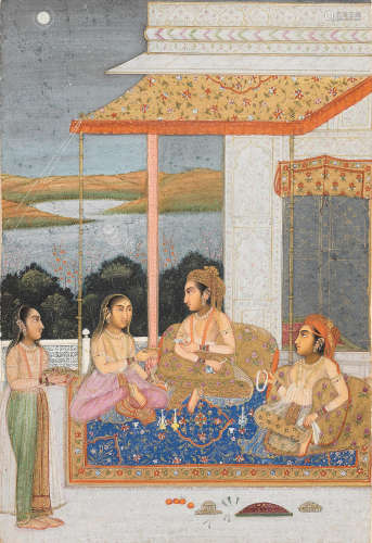 Maidens seated on a palace terrace by moonlight Delhi, circa 1790-1810