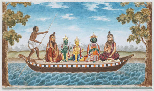 Rama and Lakshmana ferried in a riverboat: An illustration to a Ramayana series Calcutta, circa 1860