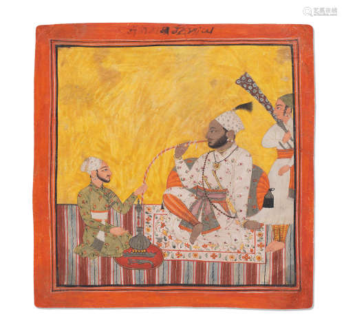 A raja seated smoking a hookah with attendants Chamba, circa 1720
