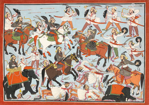 Raja Surath in battle: an illustration from a Devi Mahatmya (Glorification of the Great Goddess) series Mandi, circa 1750