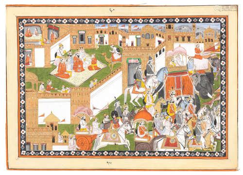 An episode from the Mahabharata, depicting the procession before the marriage of Krishna and Rukmini Pahari, probably Mandi, circa 1840